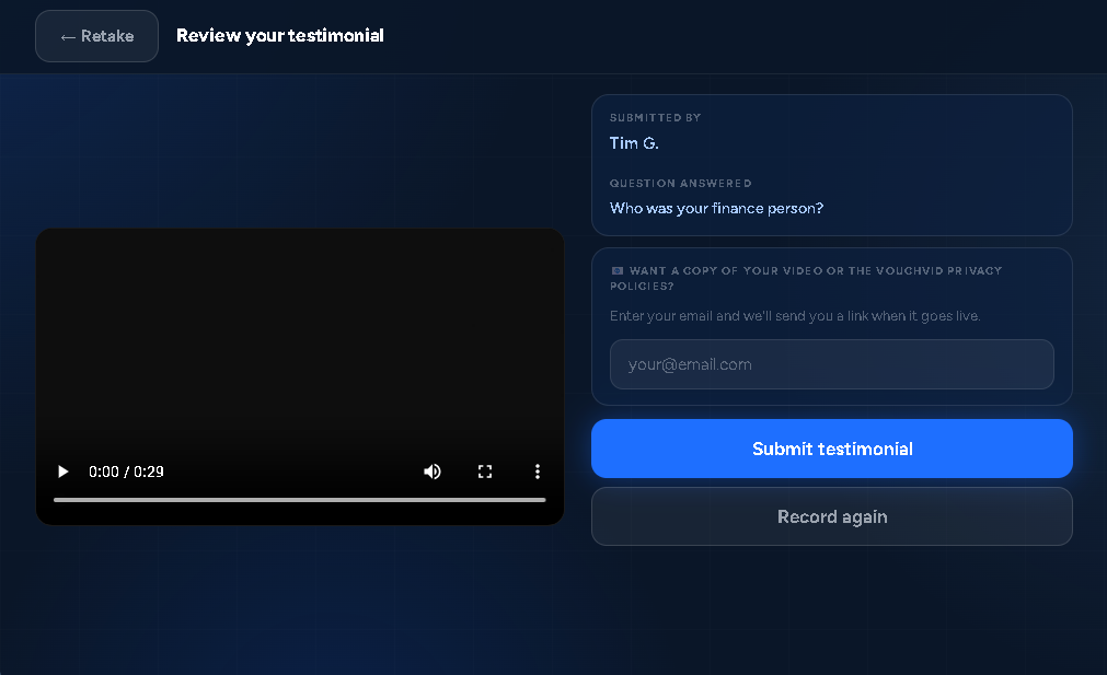 Review screen with video playback before submitting